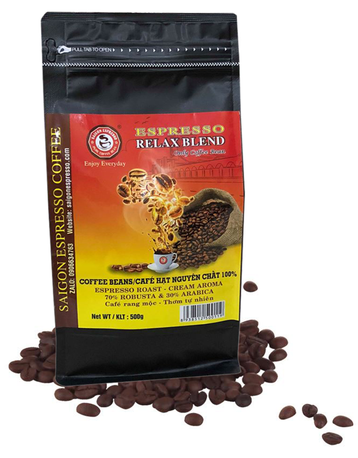CAFÉ HẠT RANG ESPRESSO - Relax Blend, SAIGON ESPRESSO; 500g/túi. Rang mộc, 100% cà phê nguyên chất, Hương thơm tự nhiên. Giá đã bao gồm VAT